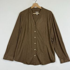 Chico's Tan Suede Finish Long Sleeve Button‎ Polyester Shirt Top Women's 3 XL 16